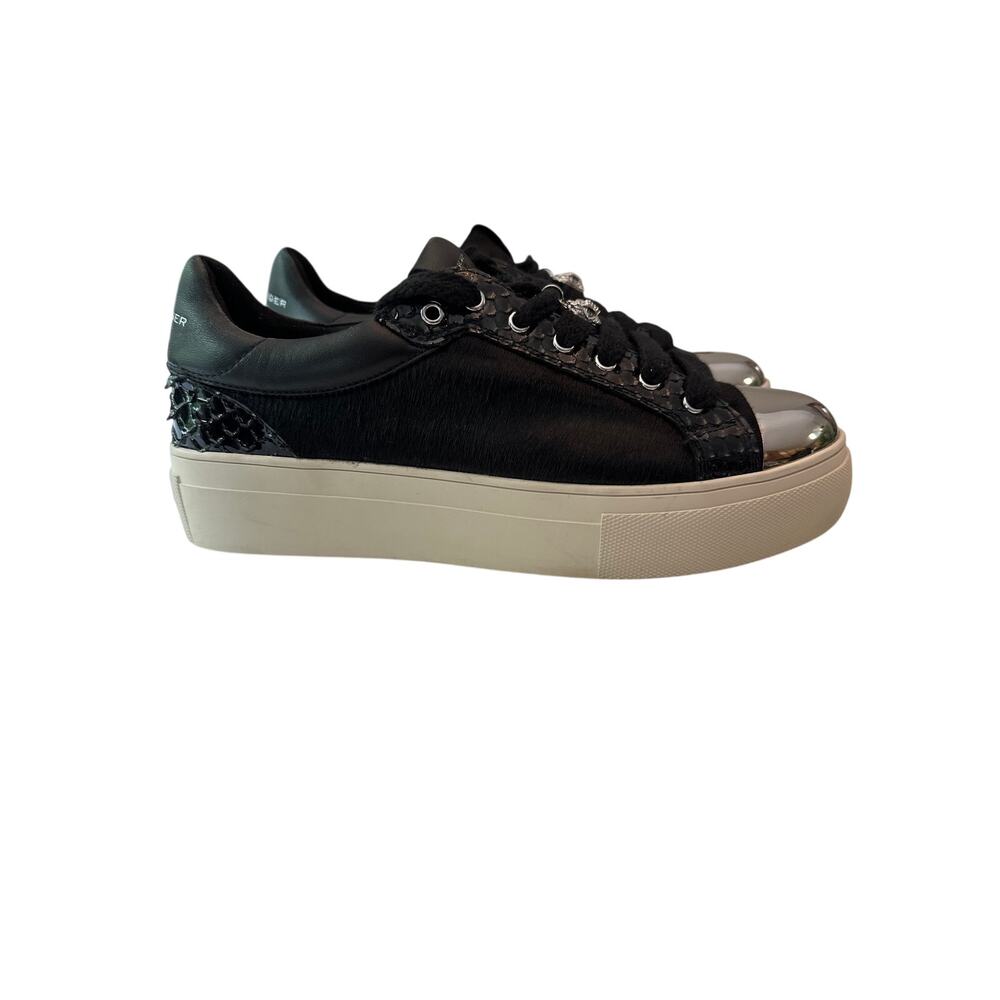 Kurt Geiger London Lana Black Calf Hair Metallic Cap Toe Platform Sneakers 12